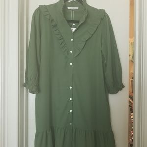 Flowy, sage green, button down dress with ruffle collar detail!